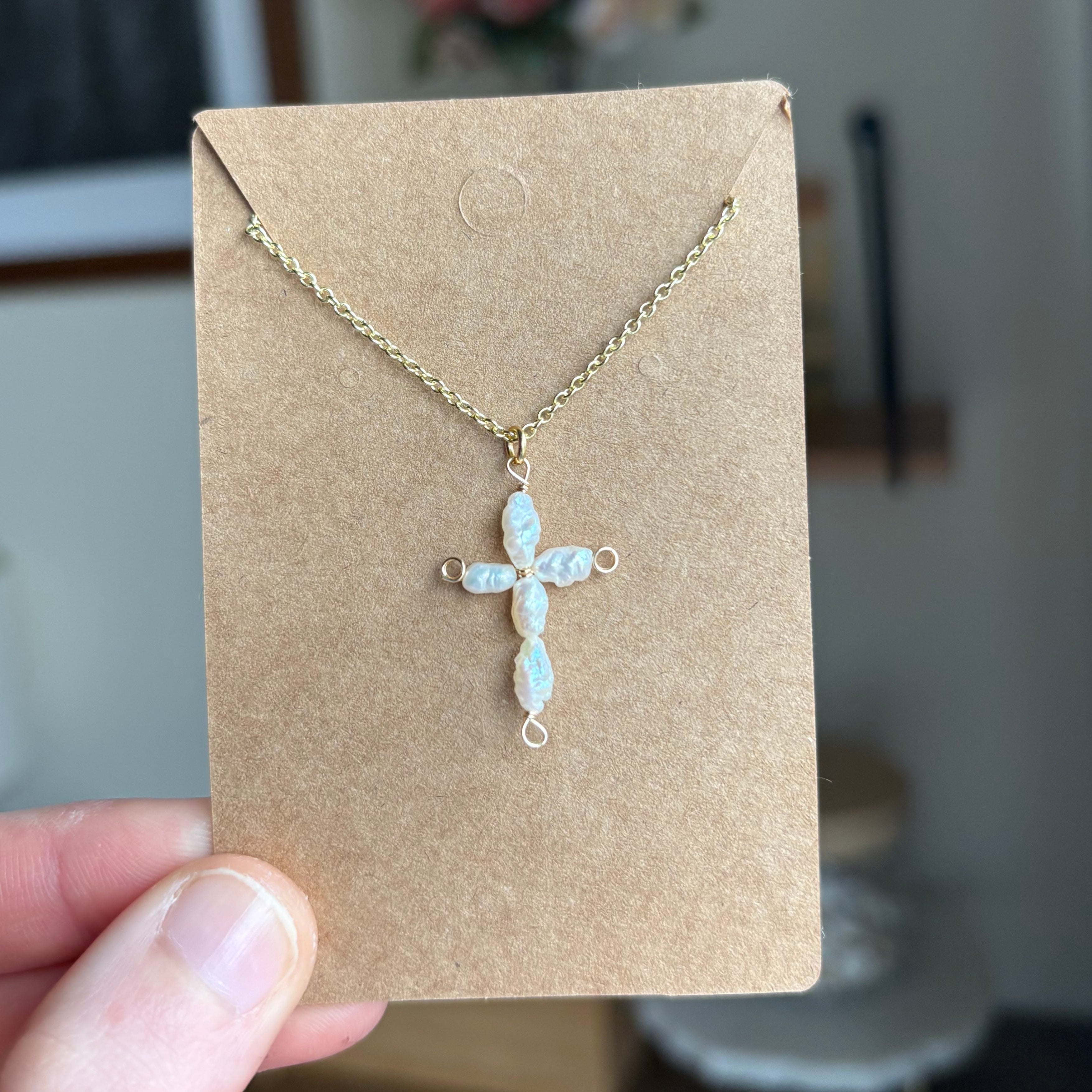 White Pearl Cross Necklace