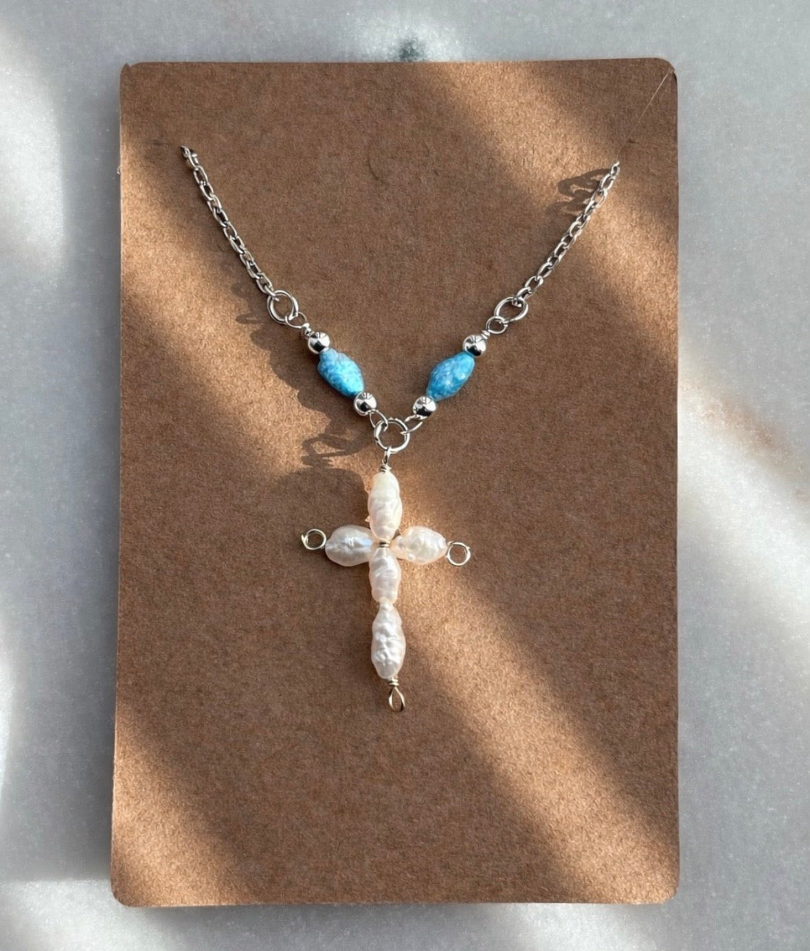 Blue Pearl Cross Necklace