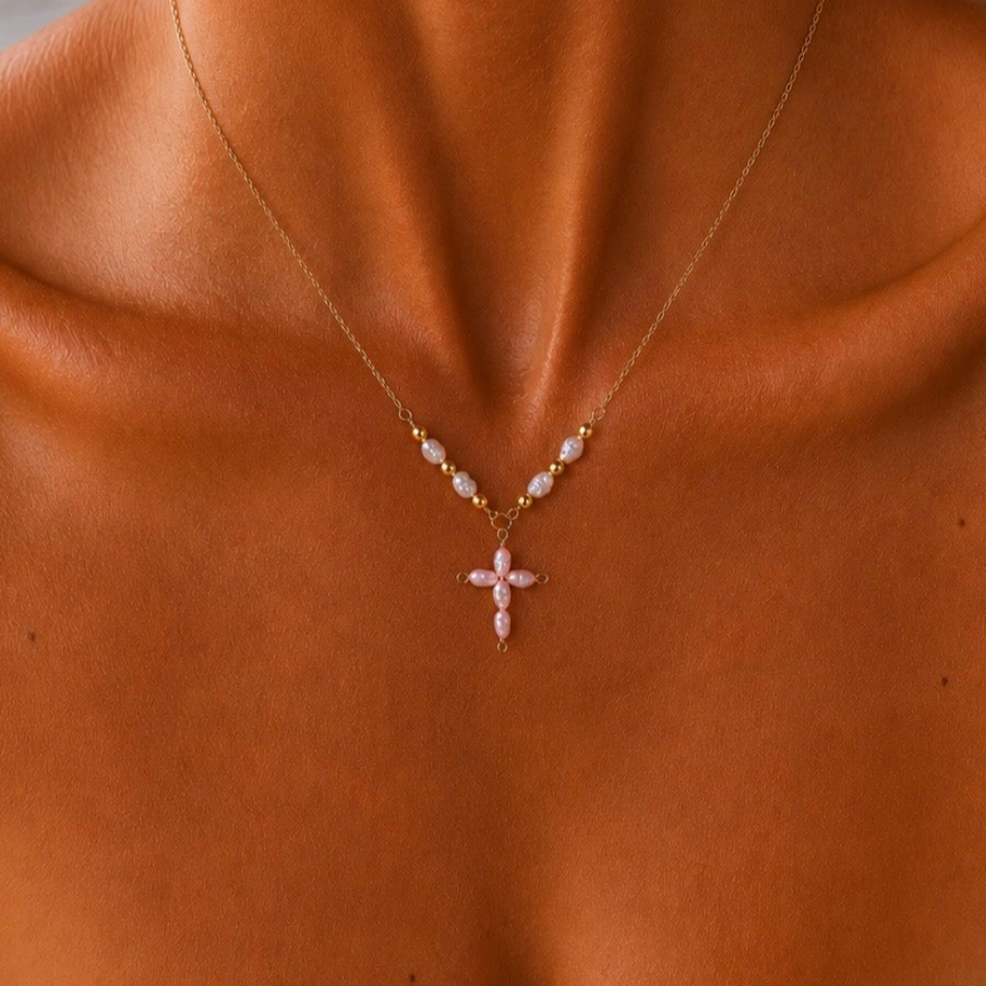 Pink Pearl Cross Necklace