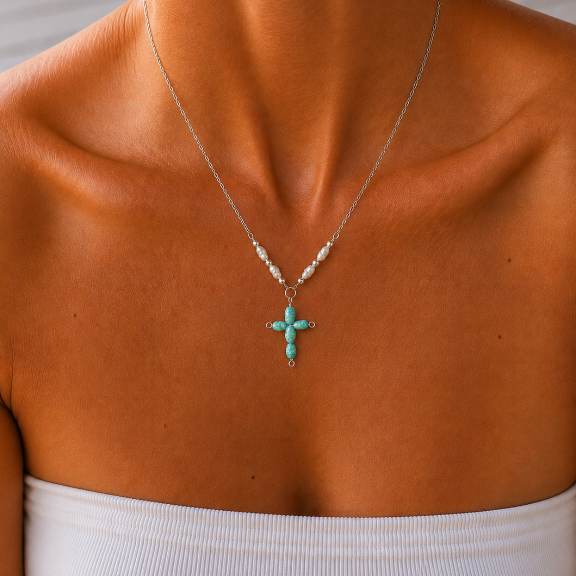 Blue Pearl Cross Necklace