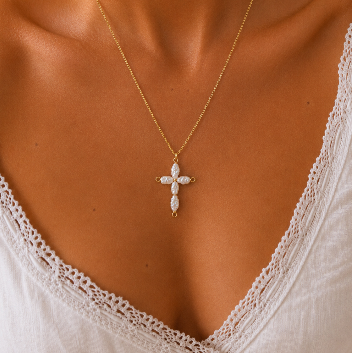 White Pearl Cross Necklace