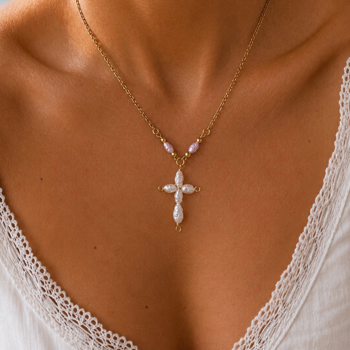 Blush Pearl Cross Necklace