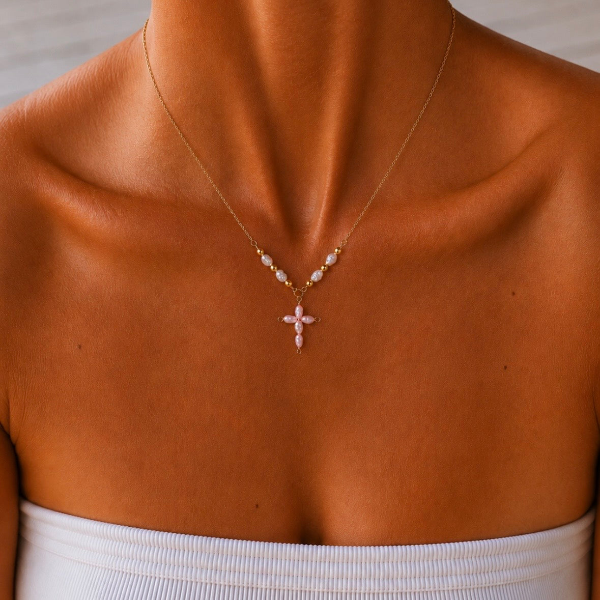 Pink Pearl Cross Necklace