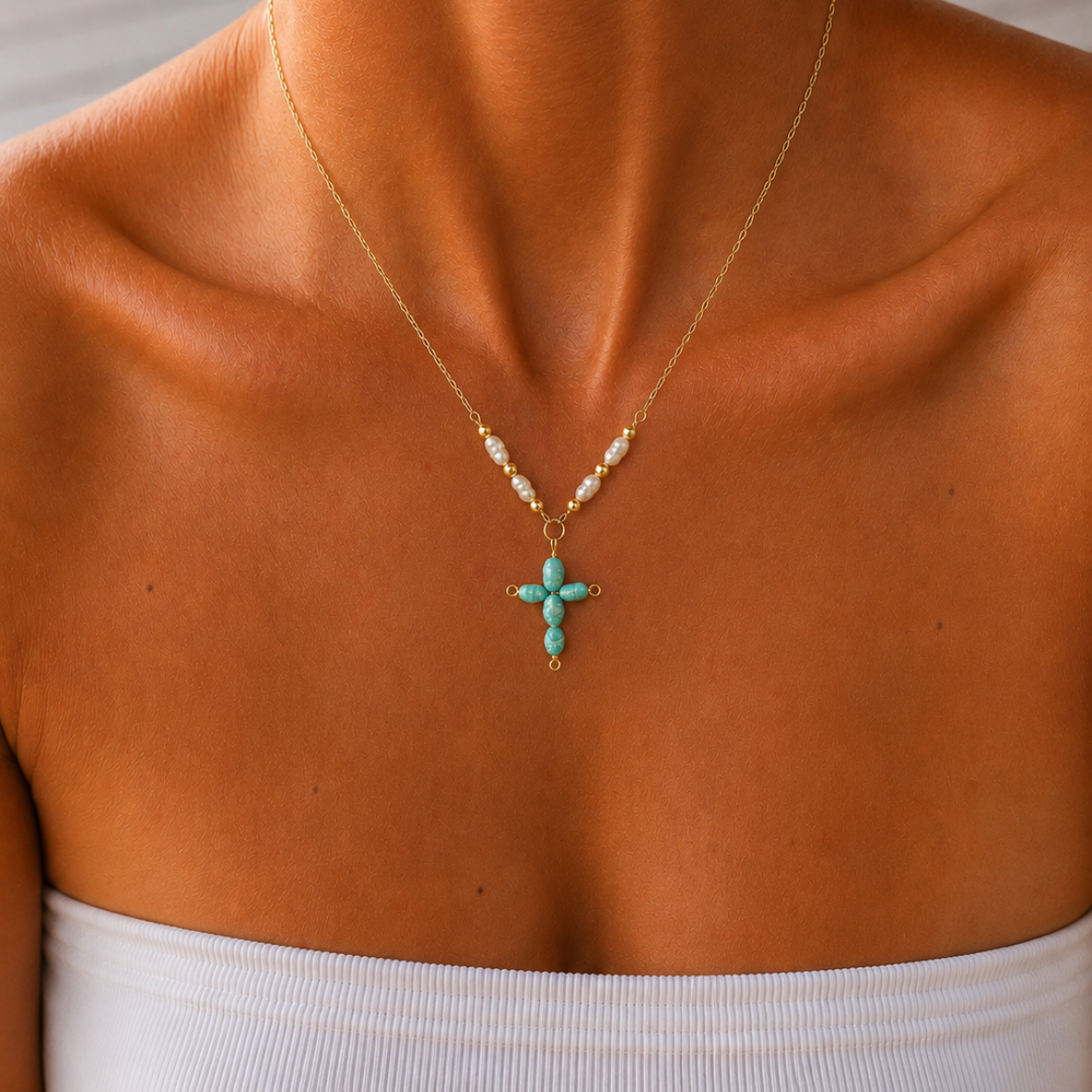 Blue Pearl Cross Necklace