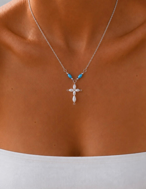 Blue Pearl Cross Necklace