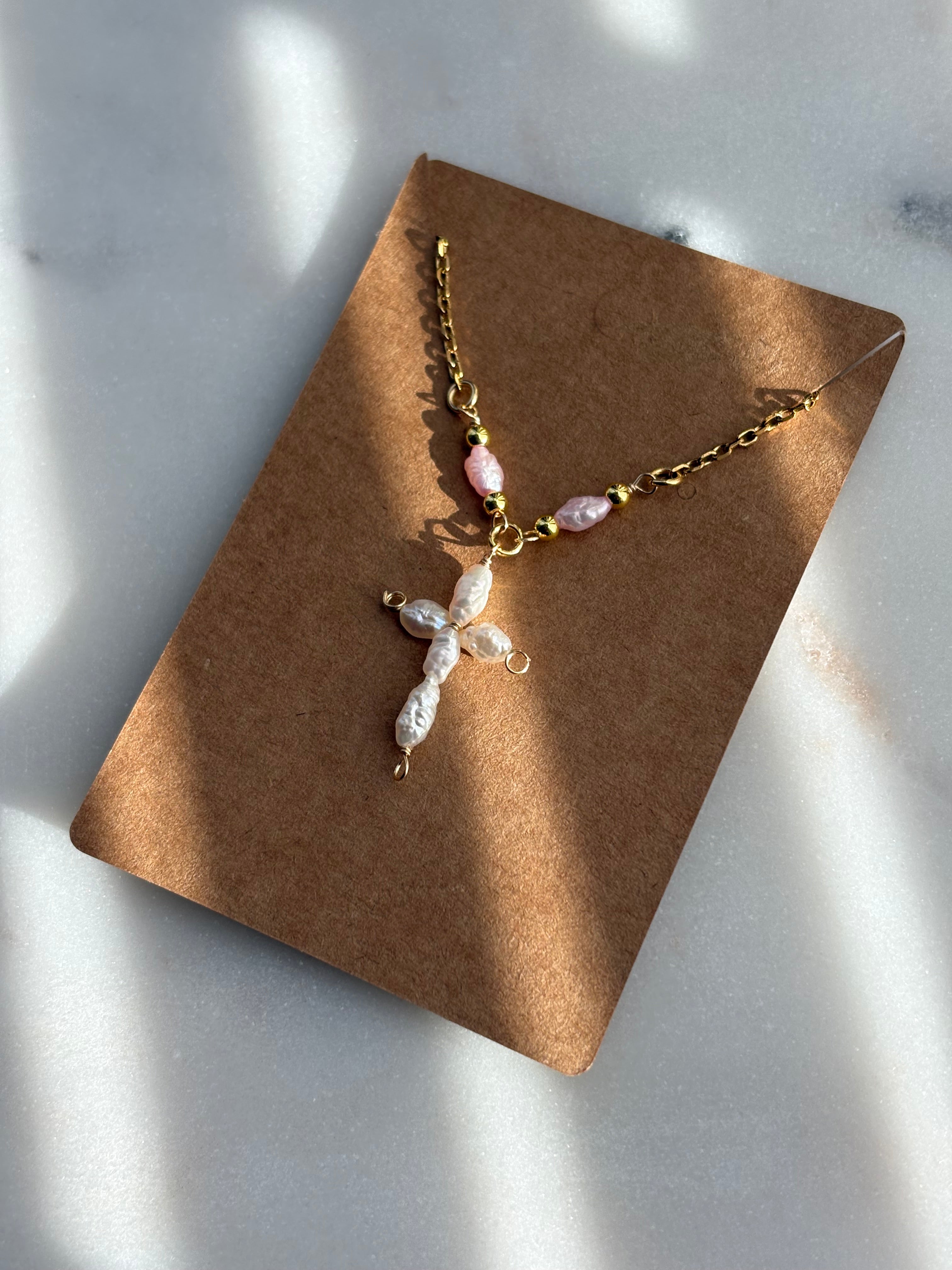 Blush Pearl Cross Necklace